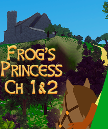 A poster saying Frog's Princess Chapters 1 and 2 features the side of an unidentified rider heading right towards a golden path leading to a castle on a hill.