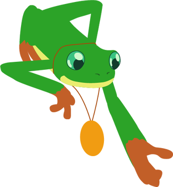 Frog wearing medallion reaches down.