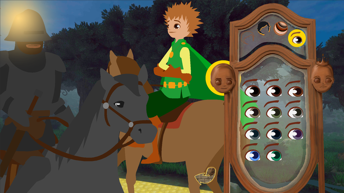 Prince sits on horse talking to Iron Henry.  His hair is spiky light brown, his eyes light brown and his skin tone pink.  Beside him a mirror shows 11 eye colour choices.