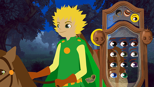 Prince with spiky hair rides with mirror overlay displaying 11 different eye colours.