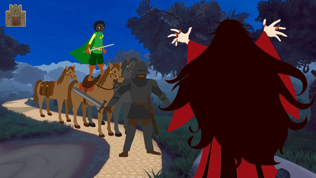 Chapter 1, Scene 3, Page 16 - the Witch raises her hands to attack Francis standing on his horse's saddle and Iron Henry in front trying to protect him.  16x9 2225x1252