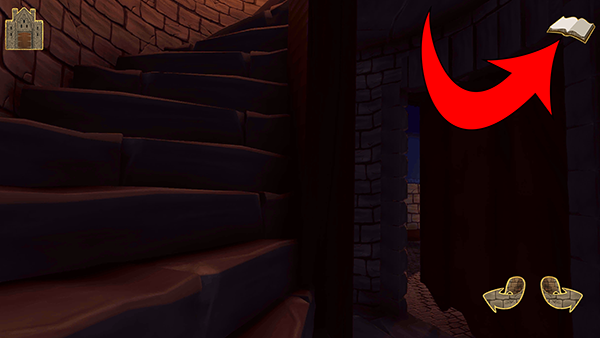 Game page showing spiral steps but no character.  An arrow points out the open book in top corner which serves as the Scene Navigation button.