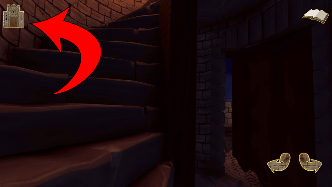 Game page showing spiral steps but no character.  An arrow points out castle in the top left corner which is the Home button.