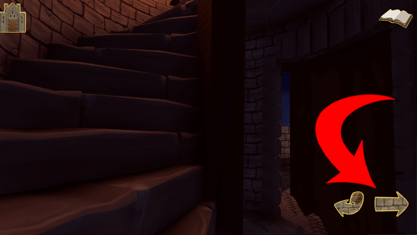Game page showing spiral steps but no character.  An arrow points out the forward and back buttons in the bottom right corner.