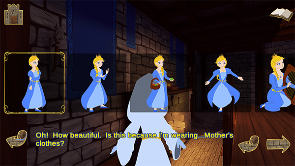 In the background, a princess faces away into a big room, in the foreground is text saying, Oh how beautiful, is this because I'm wearing Mother's clothes?  In the middle is a row of princesses in different poses representing different speech choices.