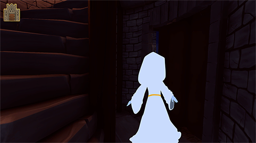 At the bottom of spiral stone steps, a girl in a cloak and gloves too big for her faces closed curtain.
