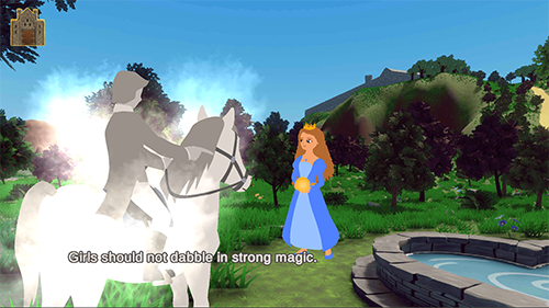 A misty prince on a misty horse points at Princess Emma where she stands by the well holding the Golden Orb. The dialogue text says Girls should not dabble in strong magic.