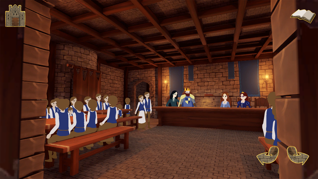 Peasants seated at dining tables in the Great Hall