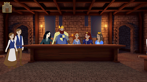 In a hall with stone walls and wooden rafters, two servants stand by a large table. On the table is Lady Lorelei leaning towards the King of Kassel and the three princesses talking together.