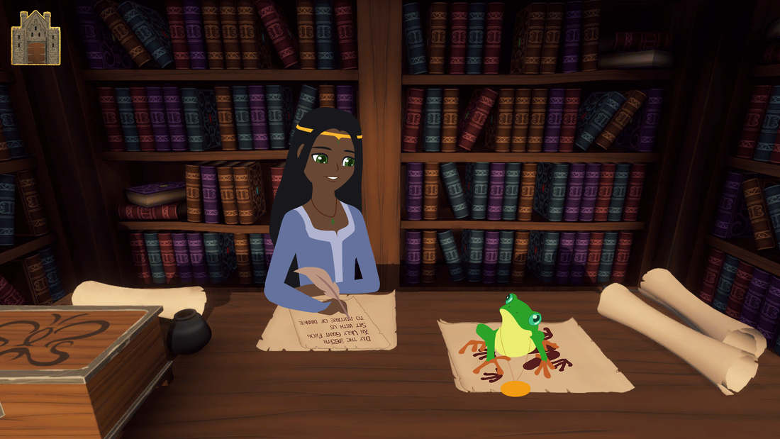 Chapter 5 Scene 1 Page 8.  Ramona writes on a parchment which says 