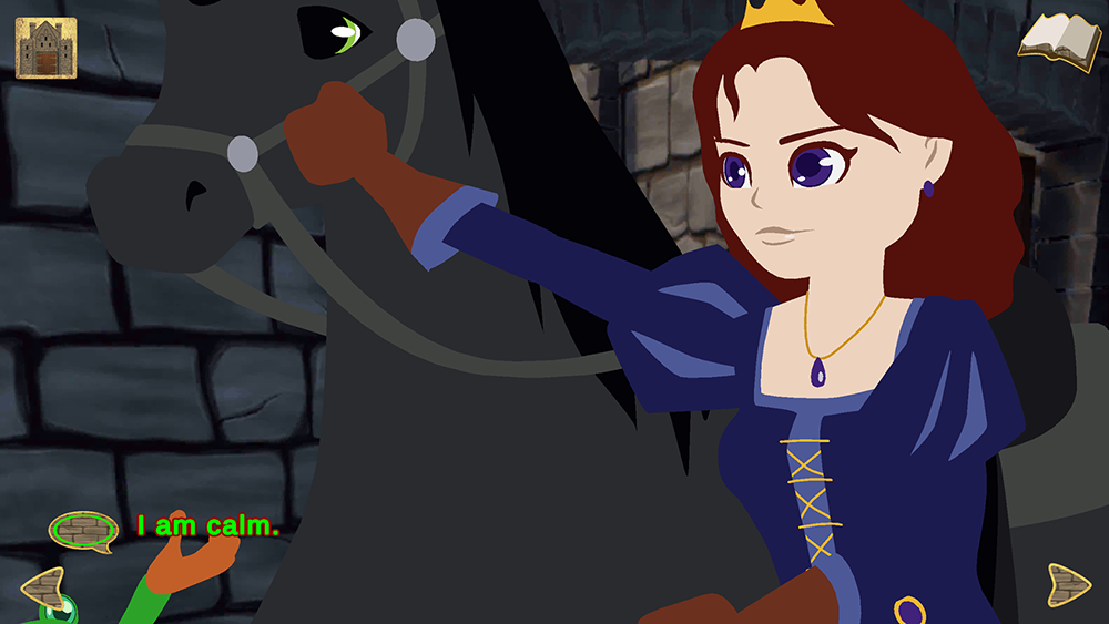 Princess Hilda holds her horse's bridle in a stone stable, looking down at a frog in the manger.  Text says I am calm.