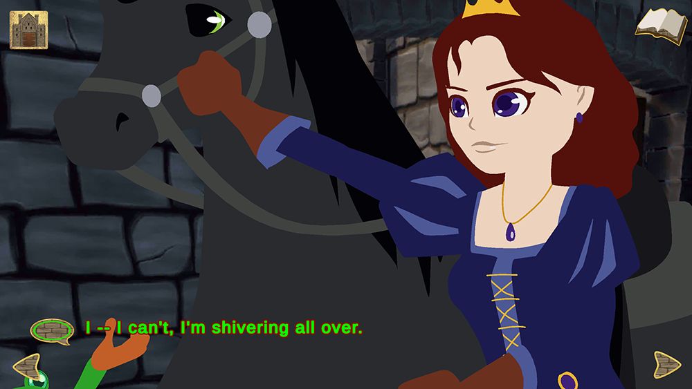 Princess Hilda holds her horse's bridle in a stone stable, looking down at a frog in the manger.  Text says I - I can't.  I'm shivering all over.