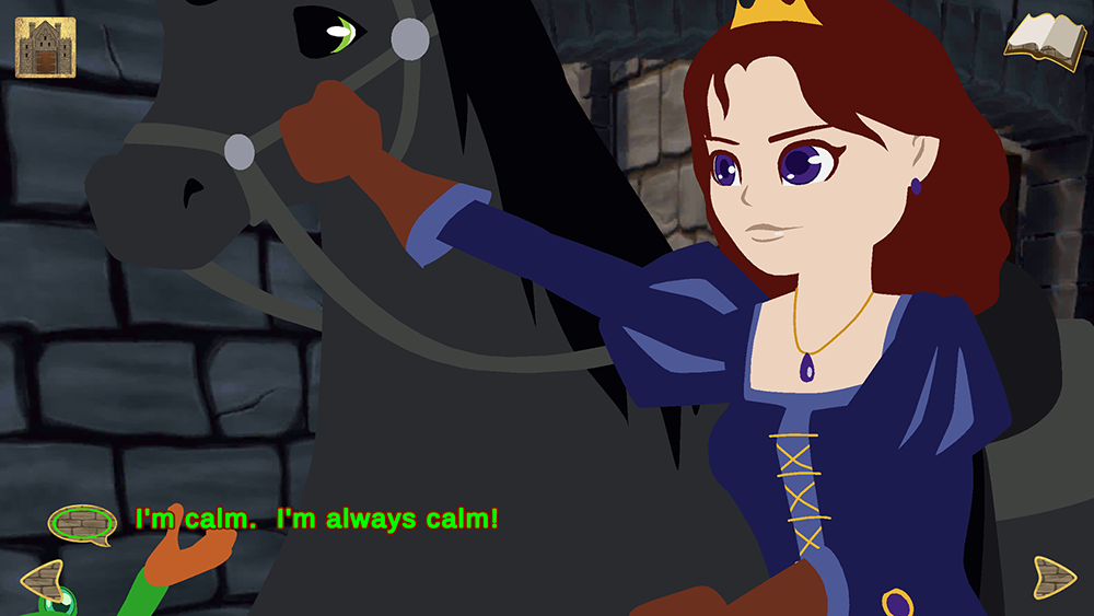Princess Hilda holds her horse's bridle in a stone stable, looking down at a frog in the manger.  Text says I'm calm.  I'm always calm!