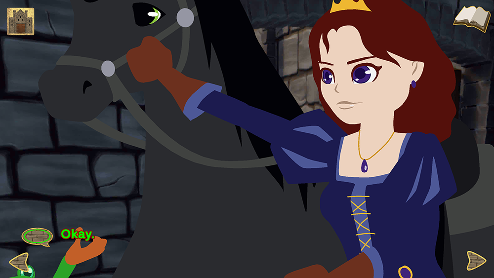 Princess Hilda holds her horse's bridle in a stone stable, looking down at a frog in the manger.  Text says Okay.
