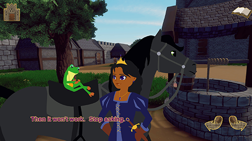 Princess Hilda stands with her hands on her hips talking to Frog who is sitting on the saddle of her horse.  The text reads Then it won't work.  Stop asking.