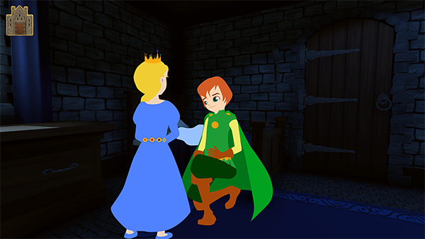 A prince kneels to a princess.