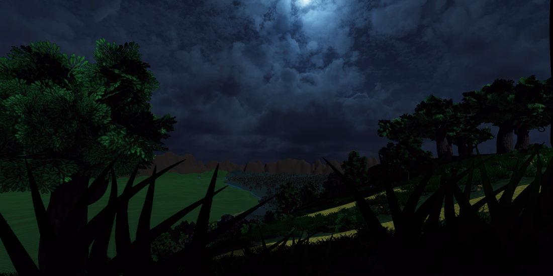 Fabulous blue night clouds over the path to the well, with grass spikes in the foreground.