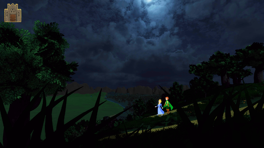 Chapter 7 Scene 4 Page 5.  Under a cloudy night sky, Francis and Emma walk down the path to the well.  16x9.  2225x1251.