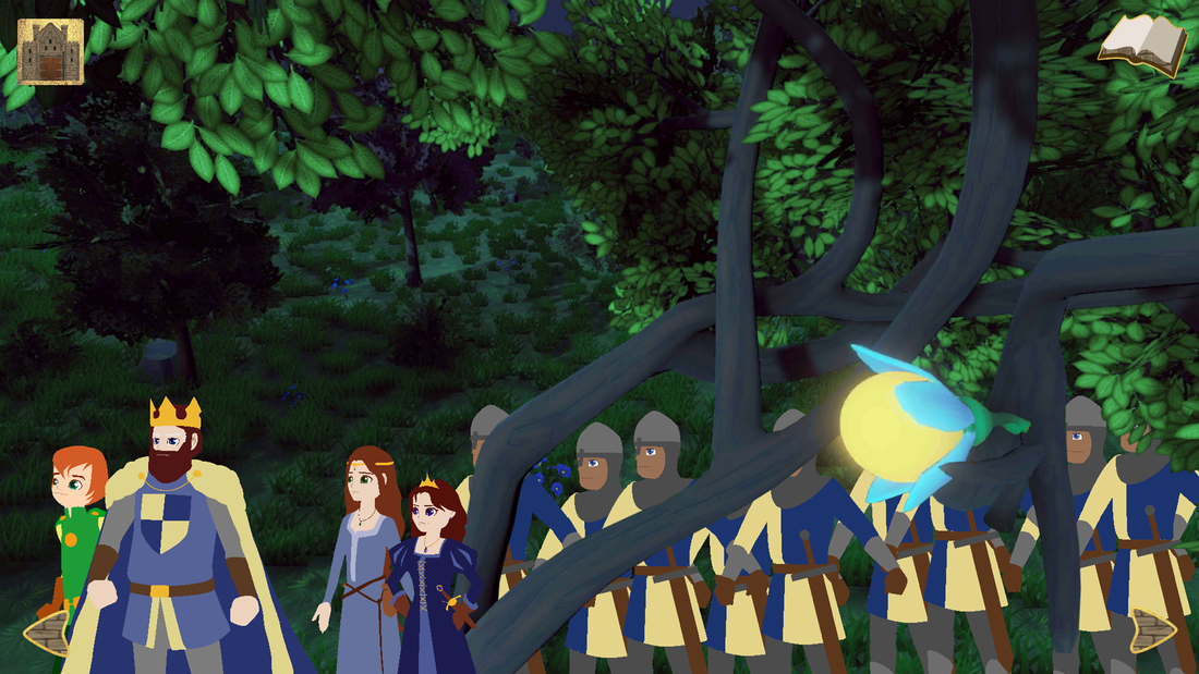 Under night time trees, a line of people march.  At the front is a prince beside a King, followed by two princesses and then nine soldiers.  They pass behind an old tree bearing a wonderful golden fruit which glows in the dark.