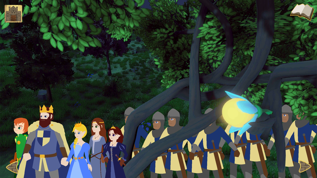 Under night time trees, a line of people march.  At the front are a prince and princess beside a King, followed by two princesses and then nine soldiers.  They pass behind an old tree bearing a wonderful golden fruit which glows in the dark.