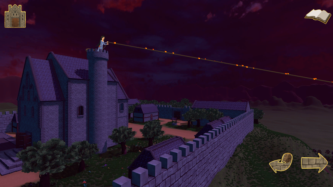 Princess stands on top of tall tower at night time holding a long rope with flames of fire.  Home button is castle with brown bricks outlined in gold; Navigation button is book with brown under-pages outlined in gold; Play and Back buttons are brown stone arrows outlined in gold together on the right of the screen.