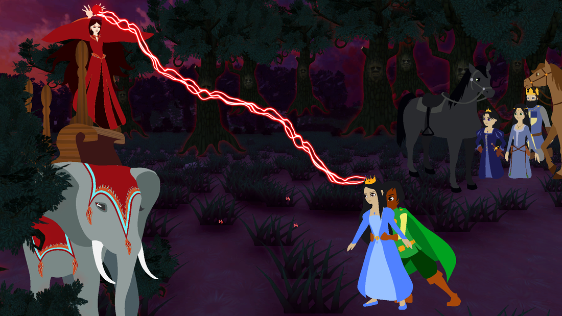 Witch on elephant shoots red and white lightning at Emma and Francis.  Emma fends off the lightning with her crown and Francis supports her.  The royal family watches on their knees at a distance.