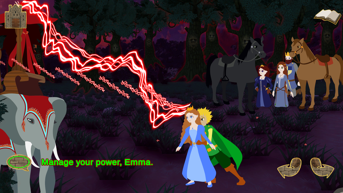 Chapter 9 Scene 5 Page 22.  The witch stands on her elephant flinging down red lighting onto Emma who blocks it with her crown while Francis supports her.  Francis is saying, 