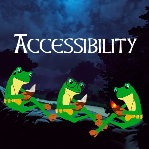 Under the title Accessibility, three frogs sit on a log reading.  One wears a hearing aid, one wears spectacles, and one has colors shining in the book.