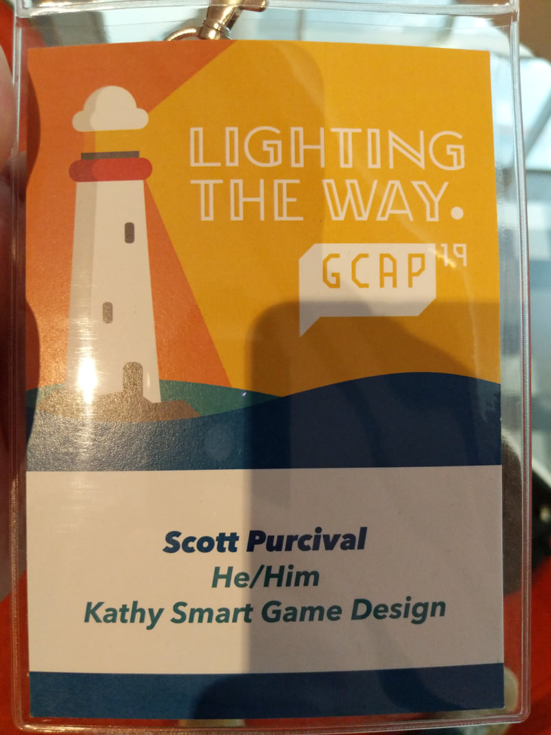 Scott Purcival's GCAP name tag featuring Kathy Smart Game Design