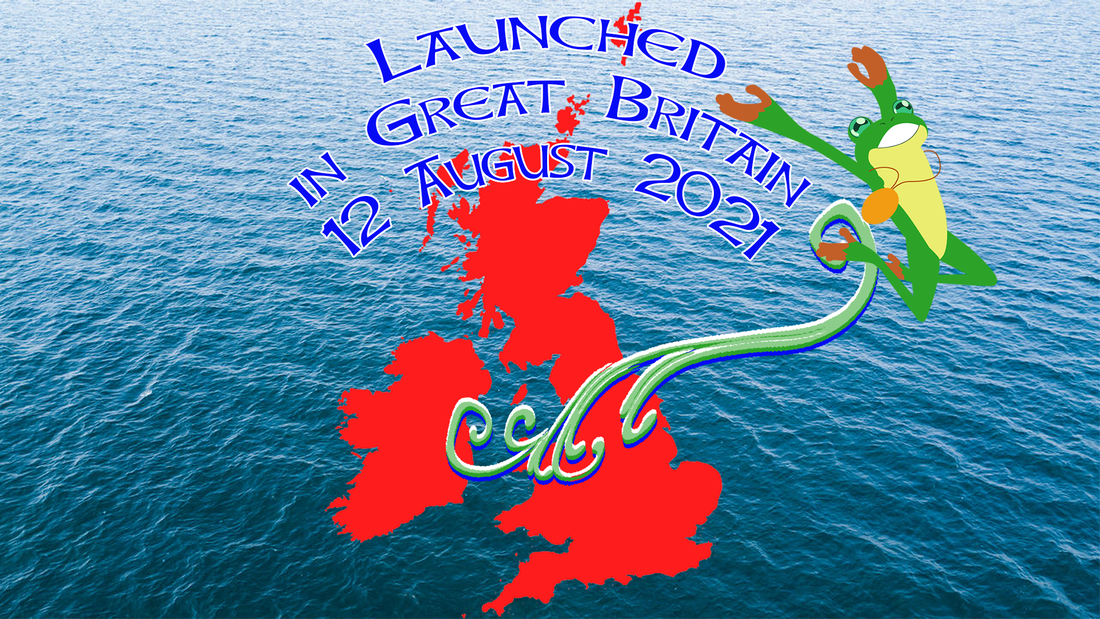 Map of Great Britain overlaid with text saying Launched in Great Britain 12 August 2021.  A frog is jumping out of the map, smiling broadly.