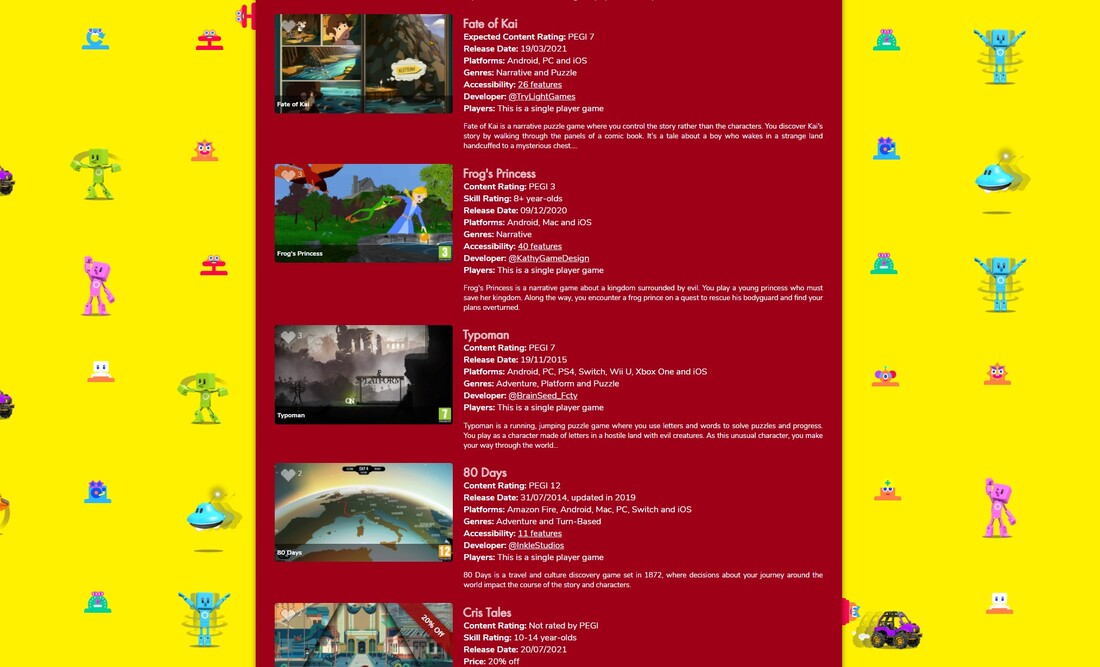 Excerpt from Family Video Games Database showing images of 5 games, the second one being Frog's Princess.  Beside eaach game is a short description of the game.  Surrounding the list are decorative children's play images like a waving pink robot and a blue flying saucer.
