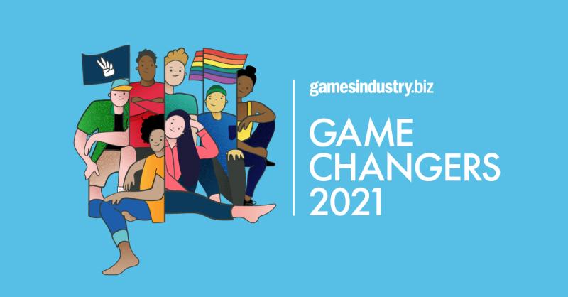Game Changers 2021 poster with games industry dot biz logo and a group of different people all facing forward and smiling.