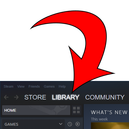 Arrow pointing to Library part of Steam menu at top of page
