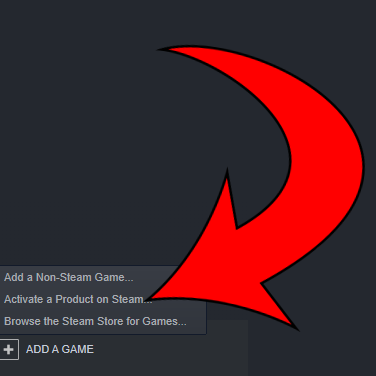 Arrow pointing to menu choice: Activate a Product on Steam...