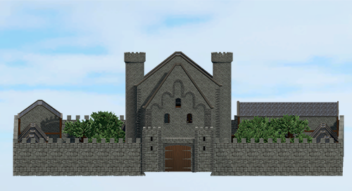 Kassel castle has 2 turrets and surrounding buildings and trees enclosed by walls with battlements.