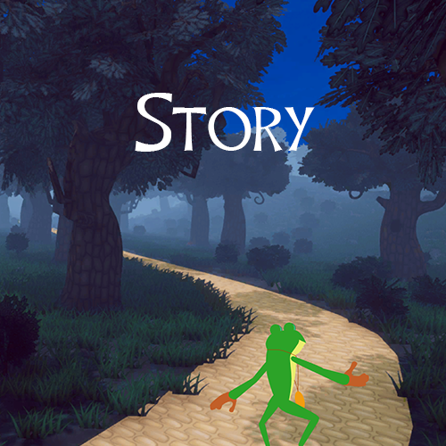 Story title over image of frog hopping along a golden path overshadowed by dark trees.