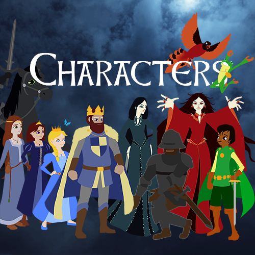 Under the title Characters stand Princesses Ramona, Hilda and Emma, then the King of Kassel, Lady Lorelei, the Witch and Prince Francis.  Kneeling in front is Iron Henry reaching down.  In the air the Red Bird attacks a happy jumping frog.