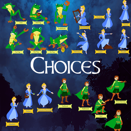 Around the title Choices are frogs, princes and princesses with labels underneath them such as Artist, Book Frog, Troubleshooter.