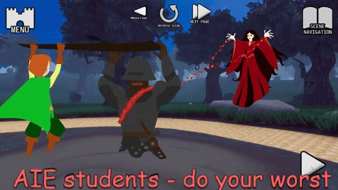 GIF of witch throwing molten iron around Iron Henry's heart, overlaid with the words: AIE students - do your worst!