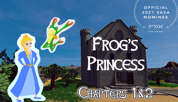 Poster titled Frog's Princess Chapters 1 and 2 with official 2021 SASA nominee laurel.  A princess stands with her hands on her hips looking at a frog leaping into the air in front of a Medieval castle.