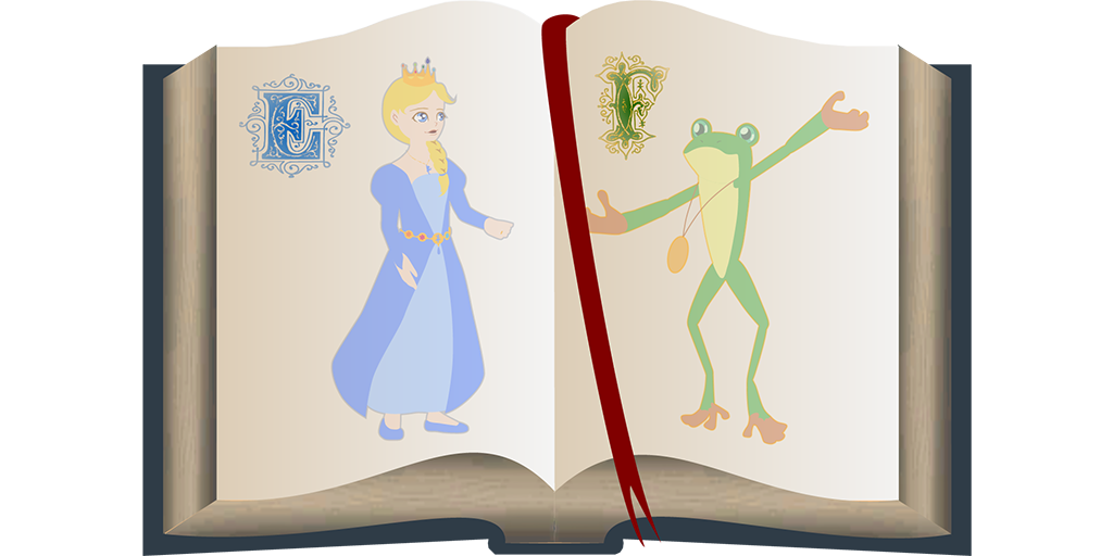 Hard covered book open at a page with a silk bookmark.  On the left page is an ornate E with an image of Princess Emma standing with her hand out in an offering gesture.  On the right page is an ornate F with an image of a frog standing with his arms flung wide and a gold medallion bouncing off his chest.