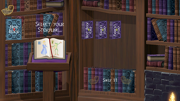 Bookshelves and a lectern holding an open book with a princess on one page and a frog on the other.  Above the book it says Select Your Storyline.  This time there are named books on the shelves.