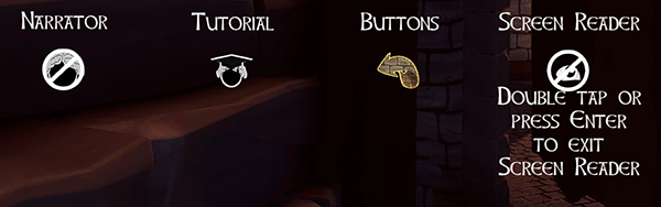 Button toggles for Narrator, Tutorial, Button icons and Screen Reader, with a note saying Double Tap or press Enter to exit Screen Reader.