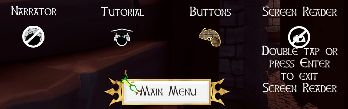 The Buttons section of the Settings menu has a Narrator button, a Tutorial button, a Buttons button, and a Screen Reader button.
