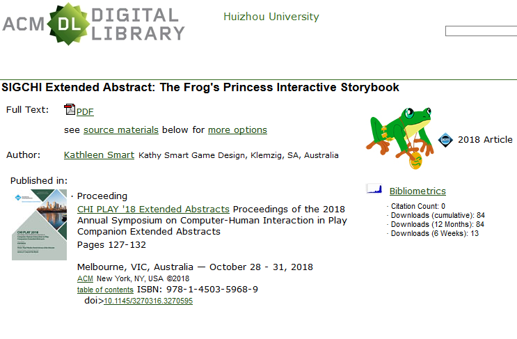 Title page for SIGCHI Extended Abstract: The Frog's Princess Interactive Storybook inside the ACM Digital Library.