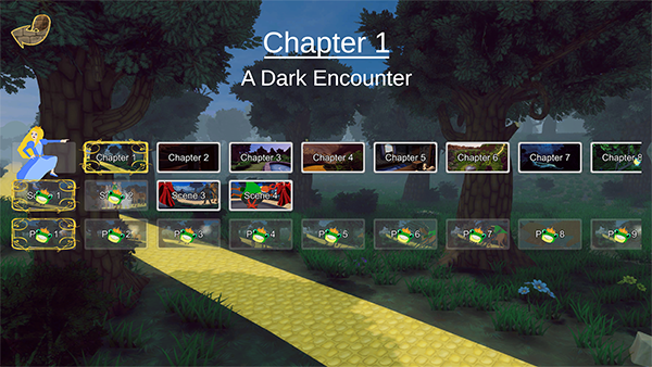 Chapter 1: A Dark Encounter page shows Princess at beginning of Chapter buttons; Chapter One button is framed, Scene One button is framed, Page One button is framed.  Both Scene One and Scene Two buttons, and all visible page buttons, have crowned frog heads overlaid over their images.