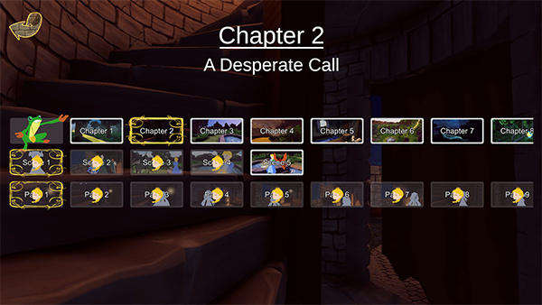 Chapter 2: A Desperate Call page shows Frog at beginning of Chapter buttons; Chapter Two button is framed, Scene One button is framed, Page One button is framed.  Both Scene One and Scene Two buttons, and all visible page buttons, have princess heads overlaid over their images.