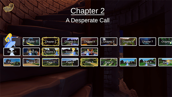 Against a background of spiral stone stairs, is a title Chapter 2, A Desperate Call.  There is a row of numbered chapter images, a row of numbered scene images, and a row of numbered page images.