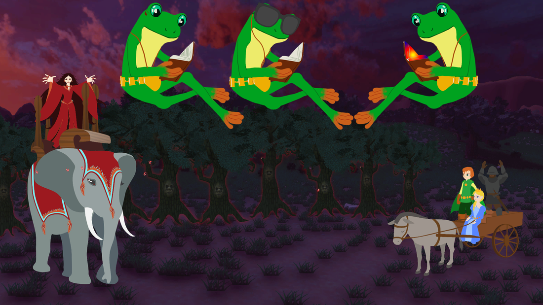 Game scene with frogs at the top: one with hearing aids, one with earphones and sunglasses, one with coloured book