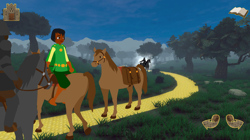 On a forest path, Prince Francis sits on his horse backwards, watching another prince gallop up, with Iron Henry off to the side, also watching.